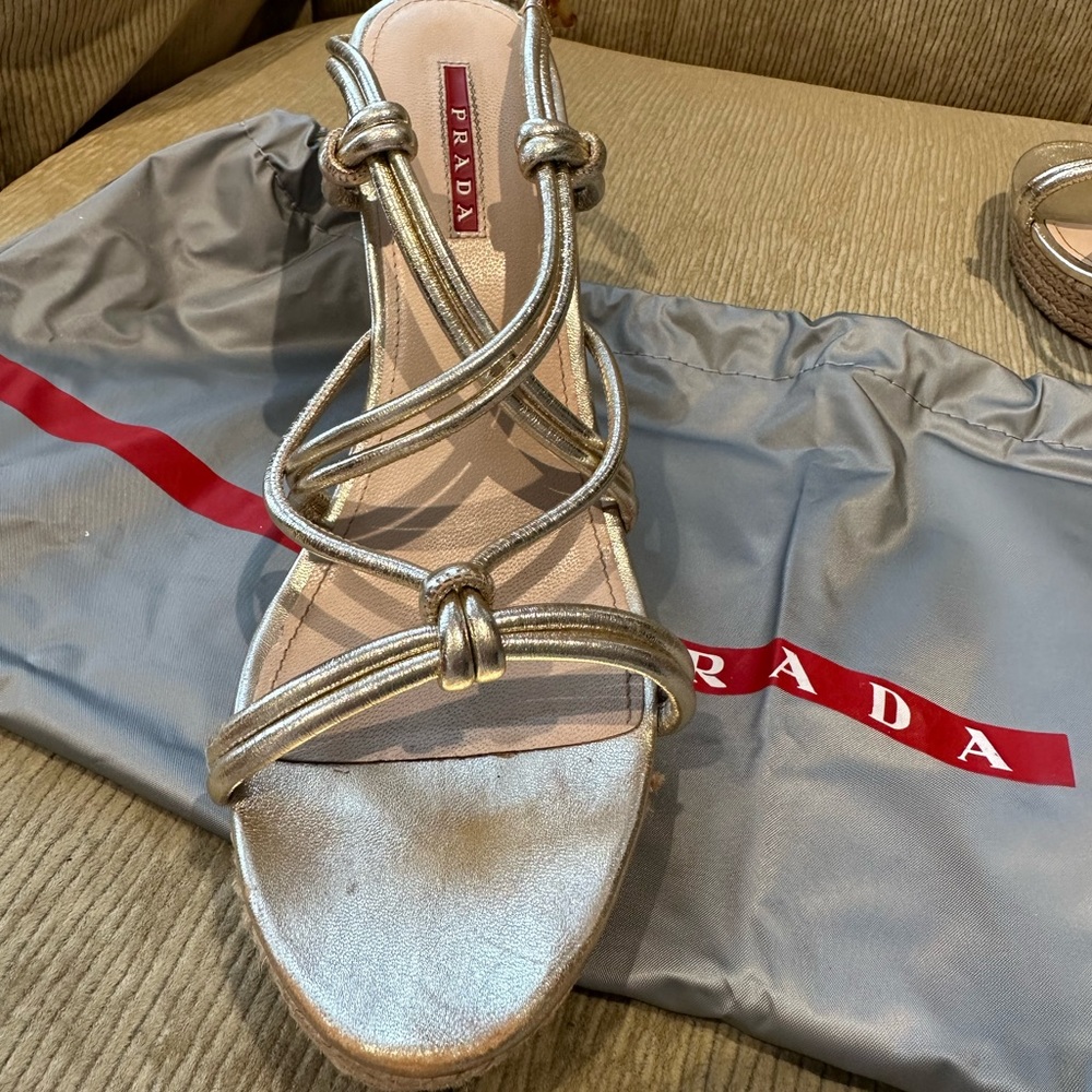 Authentic PRADA gold wedge espadrilles sz 39